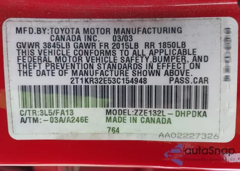 2003 Toyota Matrix Standard из США, поврежденный, VIN 2T1KR32E53C154948